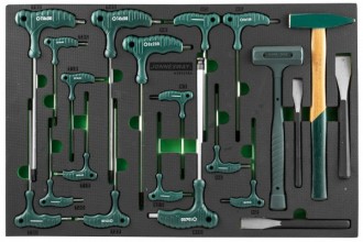 Набор угловых отверток (торцевых ключей), шестигранных и TORX®, молотков и зубил. 21 предмет в EVA ложементе 560х400 мм